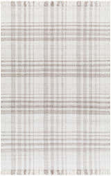 Close-up of the Inara Light Brown Plaid Hand Woven Area Rug, showing the beige and brown plaid pattern and woven texture. Design-Rectangle-576