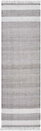 Close-up of the hand woven Loic Light Brown Area Rug, featuring a striped design and fringe. Design-Runner-268