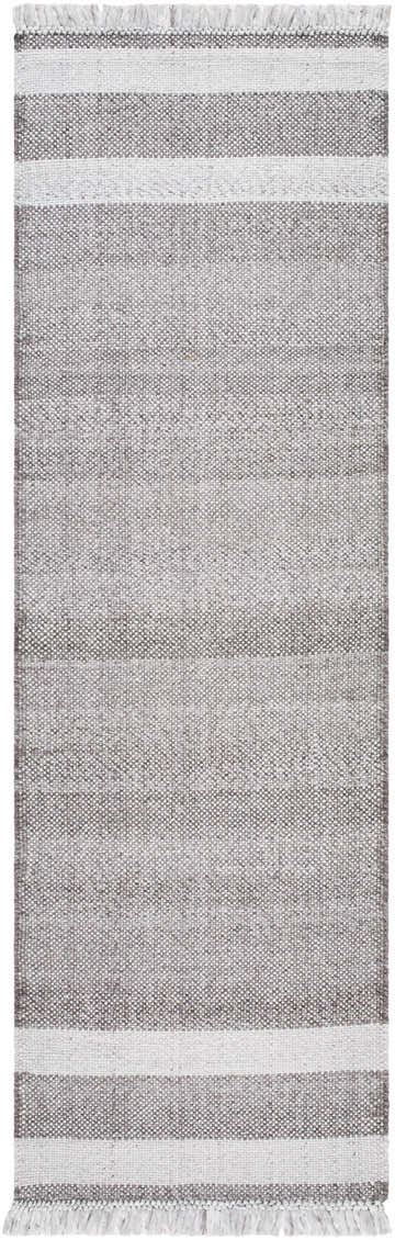 Close-up of the hand woven Loic Light Brown Area Rug, featuring a striped design and fringe. Design-Runner-268