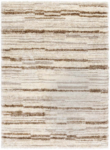Close-up of the Maho Ivory Area Rug, featuring a contemporary beige and light brown horizontal stripe pattern. Design-Rectangle-537