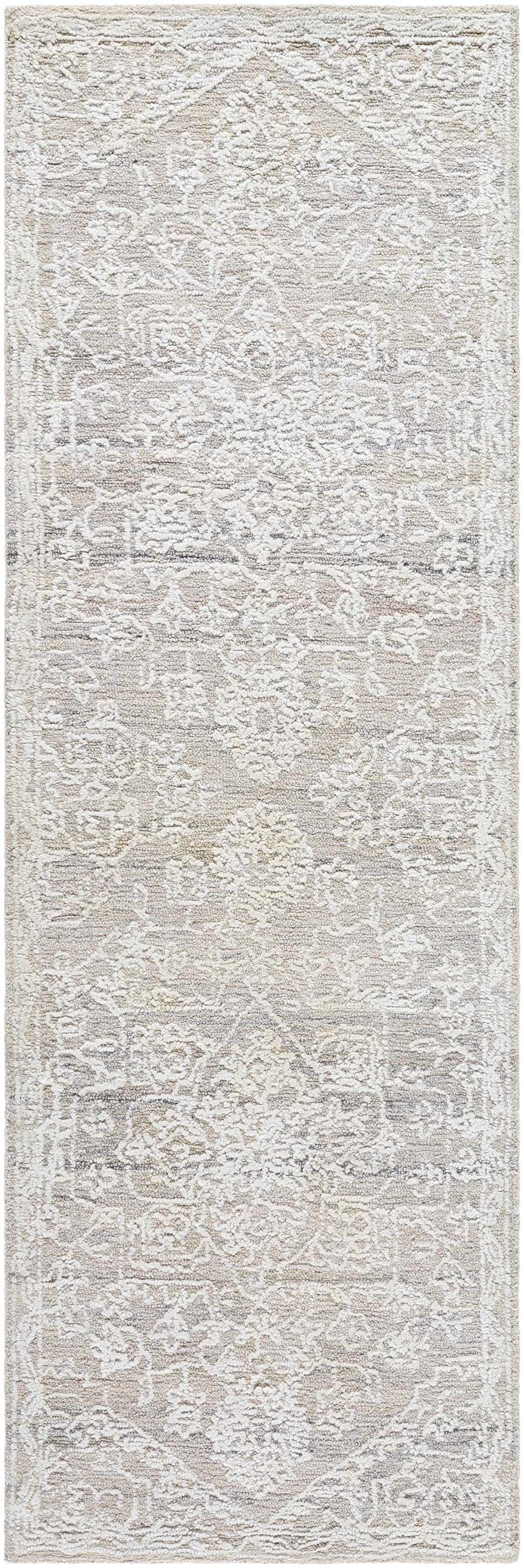 Close-up of the hand-tufted White Derya Area Rug. Features a traditional pattern in shades of gray and white. Design-Runner-268