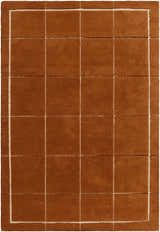 Close-up of the hand-tufted Siarl Burnt Orange Checkered Area Rug. 100% wool rug with a modern checkered design. Design-Rectangle-537