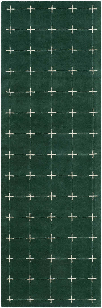 Close-up of the Sanvi Green Tufted Wool Rug showing its plush texture and ivory plus sign pattern on a dark green background. Design-Runner-268