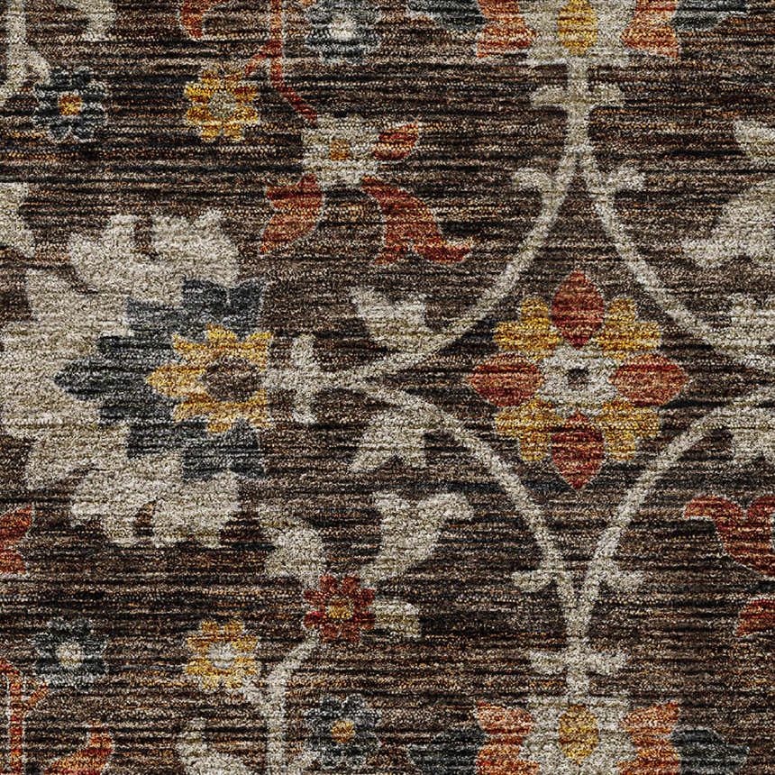 Close-up of the Dalyn Silk Road SR4 Chocolate Area Rug. Features a brown floral pattern with beige, gold, and paprika accents.