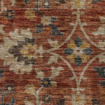 Close-up of the Dalyn Silk Road SR4 Paprika Area Rug showing a floral pattern in paprika, beige, gold, and charcoal.