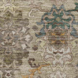 Close-up of Dalyn Silk Road SR5 Chocolate rug. Traditional floral pattern in aloe, brown, caramel, and gold hues. Soft texture.