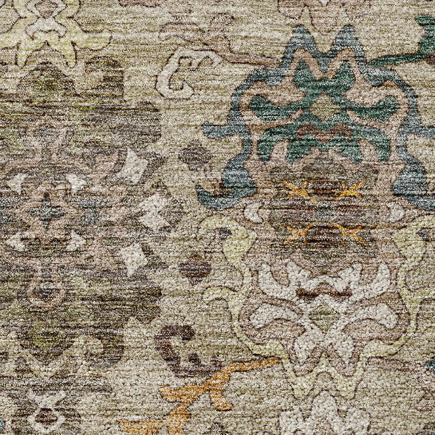 Close-up of Dalyn Silk Road SR5 Chocolate rug. Traditional floral pattern in aloe, brown, caramel, and gold hues. Soft texture.