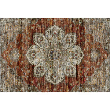 Close-up of the Dalyn Silk Road SR6 Paprika Area Rug featuring a floral medallion in beige, paprika, and brown tones.