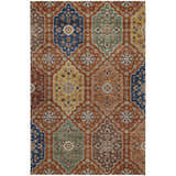 Detailed pattern of the Dalyn Silk Road SR7 Paprika area rug with caramel, gold, sage, charcoal, navy, and paprika colors.