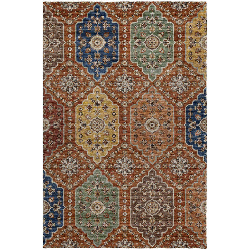 Detailed pattern of the Dalyn Silk Road SR7 Paprika area rug with caramel, gold, sage, charcoal, navy, and paprika colors.