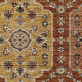 Close-up of Dalyn Silk Road SR7 Paprika rug. Caramel, gold, and paprika floral pattern with farmhouse style texture.
