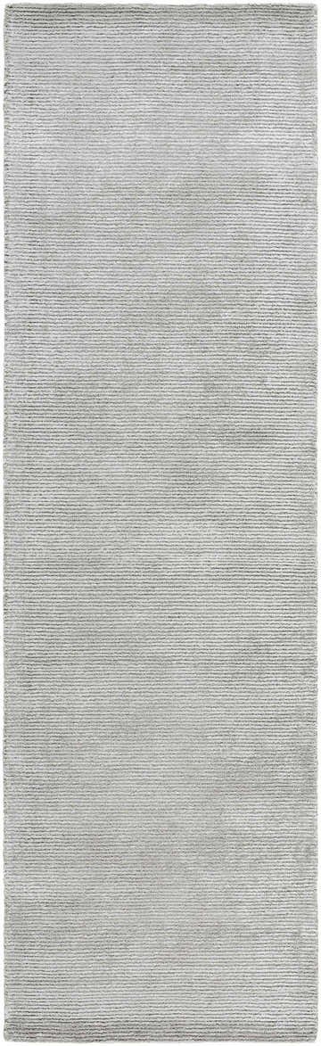 Close-up of the hand-tufted Noham Area Rug. Metallic silver, pale slate, and silver gray viscose create a contemporary design. Design-Runner-310