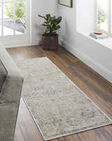 Living room scene with a beige Ayane Area Rug runner, gray sofa, wood floors, and natural light. Roomscene-Rectangle
