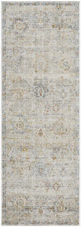 Close-up of the Ayane Area Rug. Farmhouse style rug in dark beige, gray, and light brown with an oriental pattern. Design-Runner-2673