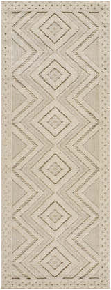 Close-up of the Aimee Lambswool Area Rug. Features a geometric diamond pattern in camel and light brown hues. Machine woven texture. Design-Runner-2773
