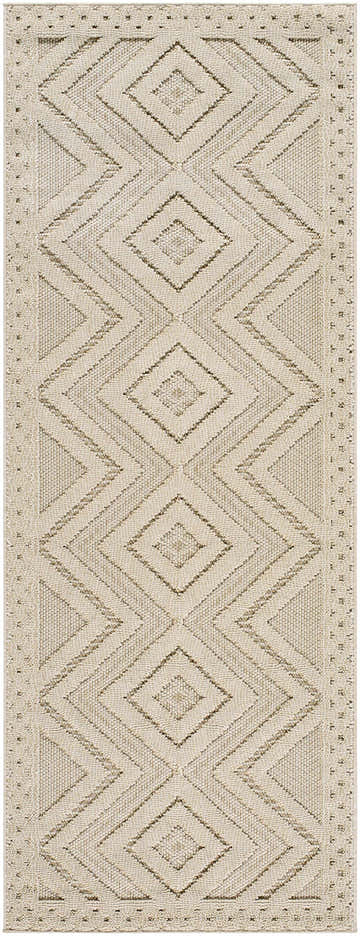 Close-up of the Aimee Lambswool Area Rug. Features a geometric diamond pattern in camel and light brown hues. Machine woven texture. Design-Runner-2773