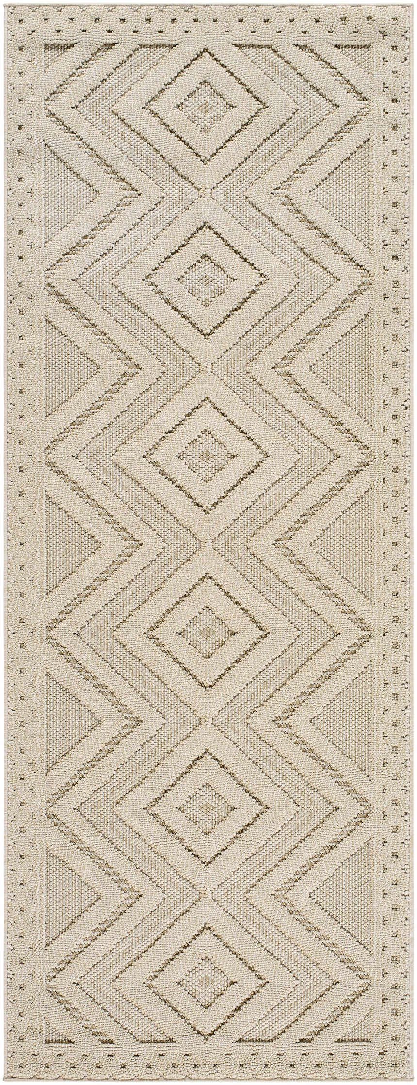 Close-up of the Aimee Lambswool Area Rug. Features a geometric diamond pattern in camel and light brown hues. Machine woven texture. Design-Runner-2773