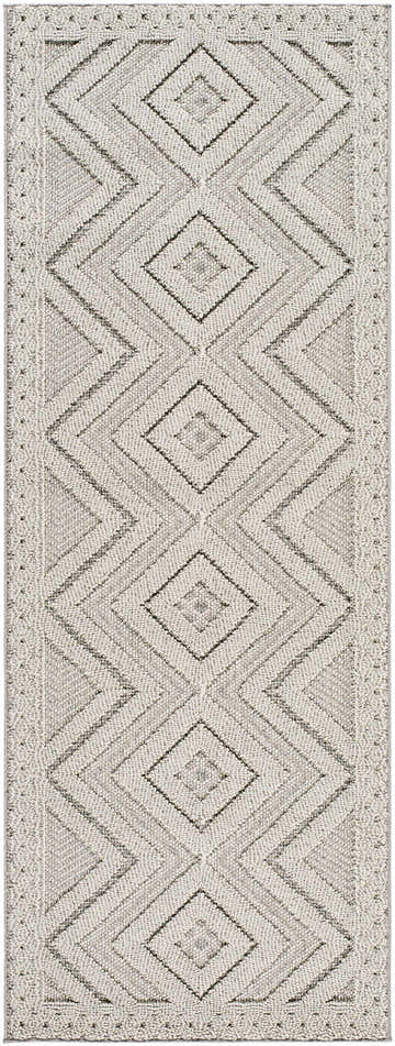 Close-up of the Aimee Natural Gray Area Rug featuring a geometric diamond pattern and textured weave. Design-Runner-2773