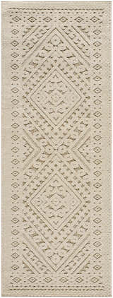 Close-up of the Hibah Bone Area Rug, a contemporary rug with a beige and brown diamond pattern. Design-Runner-2773