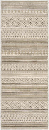 Close-up of the Kojo Lambswool Area Rug, featuring a contemporary stripe and diamond pattern in camel and beige tones. Design-Runner-2773