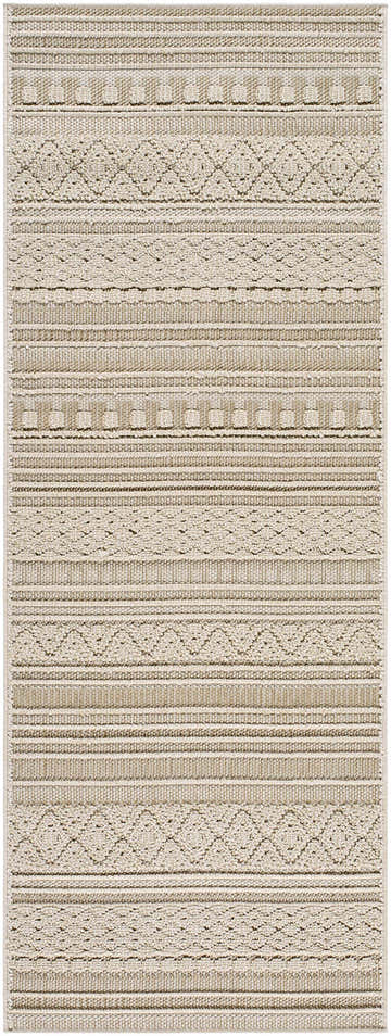 Close-up of the Kojo Lambswool Area Rug, featuring a contemporary stripe and diamond pattern in camel and beige tones. Design-Runner-2773