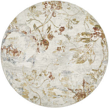 Round Nasia Area Rug with a traditional floral pattern in camel, light gray, and light silver. Design-Round-53