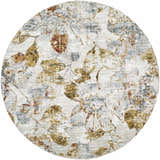 Close-up of round Ouida Floral Rug. Copper, light silver, and natural tones create a farmhouse floral pattern. Design-Round-53