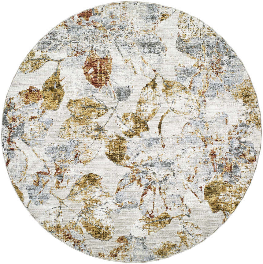 Close-up of round Ouida Floral Rug. Copper, light silver, and natural tones create a farmhouse floral pattern. Design-Round-53