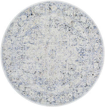 Close-up of a round Charo Light Gray Area Rug. Features light gray, blue, and brown tones with a distressed traditional pattern. Design-Round-67