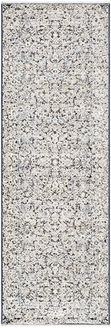 Close-up of the Haran Cloud Gray Area Rug, a machine-woven rug with a farmhouse-style, cloud gray and medium gray pattern. Design-Runner-27710
