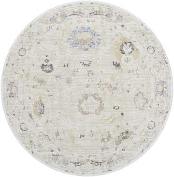 Round Nikki Area Rug in Beachhouse Beige. Machine-woven polyester rug with traditional floral pattern. Design-Round-67