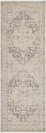 Close-up of the Njeri Area Rug in Beachhouse Beige. Features a traditional, distressed medallion pattern and subtle texture. Design-Runner-27710