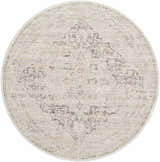 Close-up of the round Njeri Area Rug. Beige rug with a traditional, distressed medallion pattern. Design-Round-67