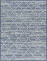 Close-up of the Ivora Blue Area Rug, featuring a geometric diamond pattern in denim and light gray. Design-Rectangle-537