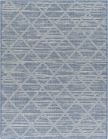 Close-up of the Ivora Blue Area Rug, featuring a geometric diamond pattern in denim and light gray. Design-Rectangle-537