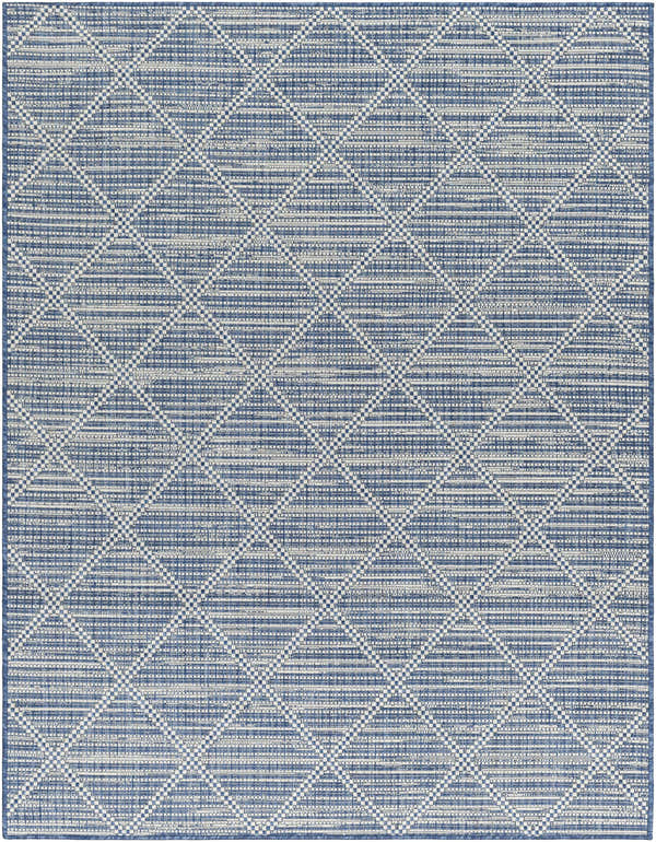 Close-up of the Ivora Blue Area Rug, featuring a geometric diamond pattern in denim and light gray. Design-Rectangle-537