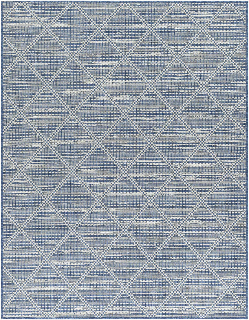 Close-up of the Ivora Blue Area Rug, featuring a geometric diamond pattern in denim and light gray. Design-Rectangle-537