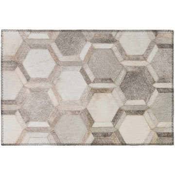 Close-up of the Dalyn Durango Flannel Washable Area Rug. Beige, black, and taupe geometric hexagon pattern. Farmhouse style.