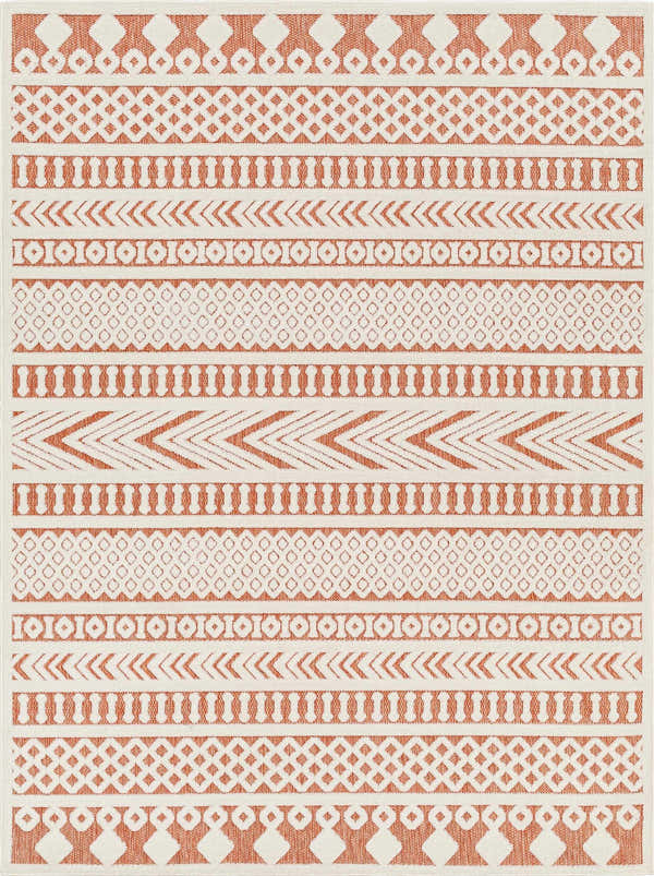 Close-up of the Jove Orange Outdoor Rug, featuring a Southwestern geometric pattern in bone and terracotta. Design-Rectangle-5373