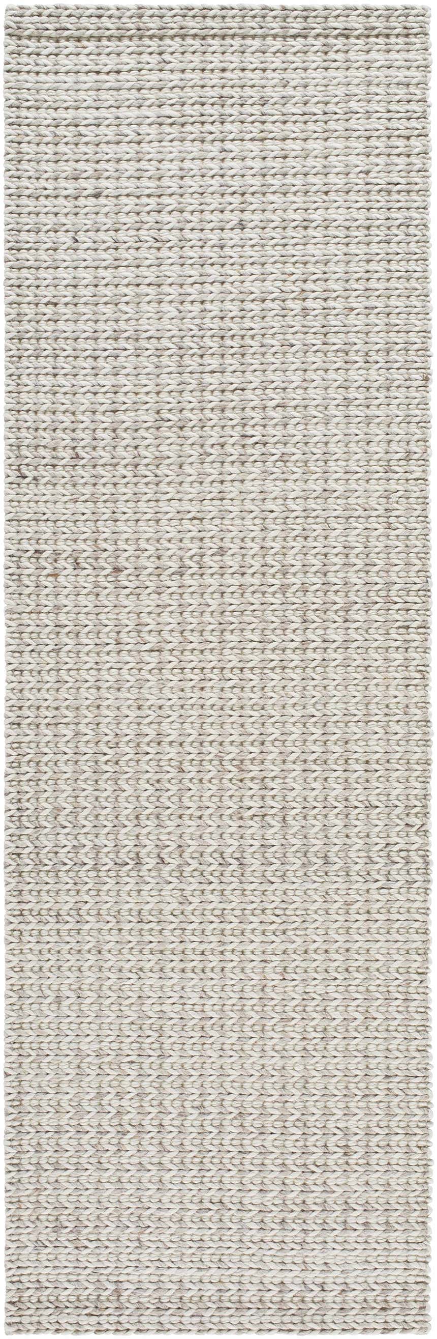 Close-up of the hand woven Lenci Wool Area Rug. Beige and rose cream wool rug with a textured, braided design. Design-Runner-268