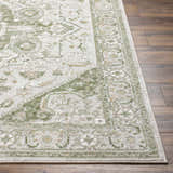 Close-up of Gauri Green Medallion Area Rug showing its traditional design, soft texture, and green and beige colors. Front