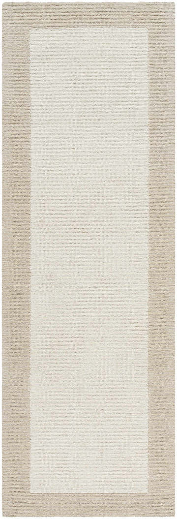 Close-up of the hand-tufted Amadi Beige Wool Area Rug featuring a solid light beige center and a camel border. Design-Runner-268