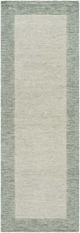 Close-up of the hand-tufted Amadi Green Wool Area Rug; a contemporary rug with a textured border and light center. Design-Runner-268