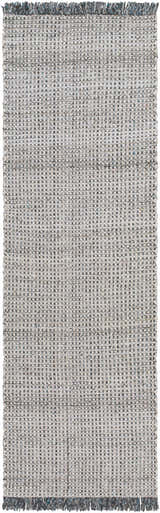 Close-up of the Beige Teal Aron Area Rug. Hand woven recycled PET yarn rug with charcoal, brown, and teal accents. Design-Runner-268