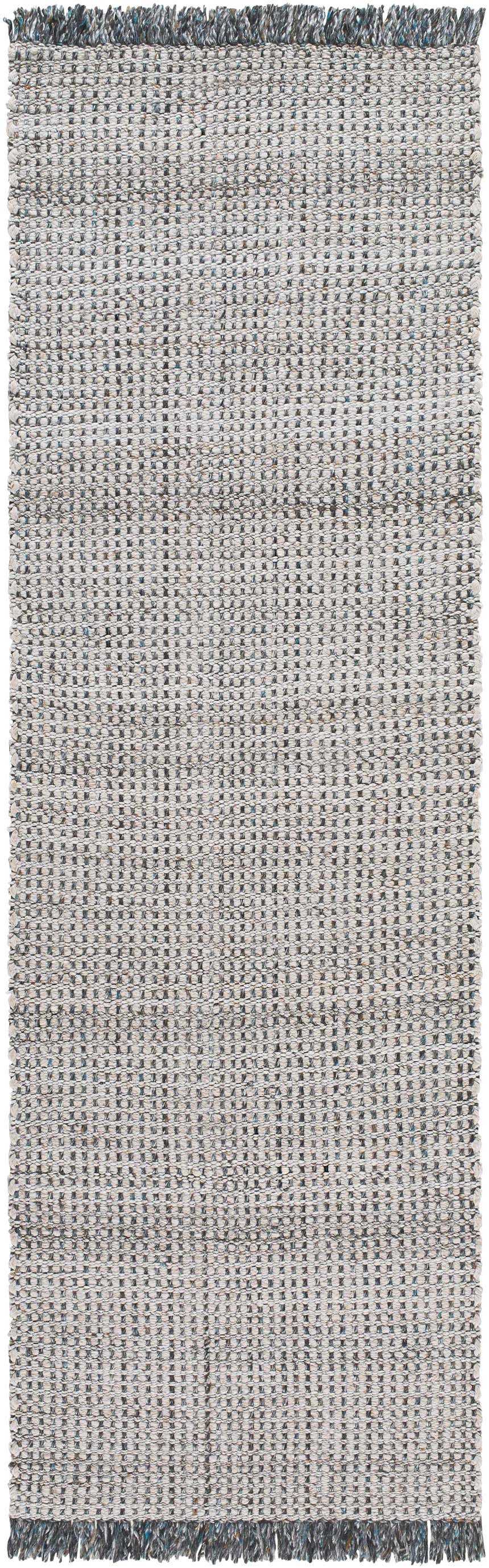 Close-up of the Beige Teal Aron Area Rug. Hand woven recycled PET yarn rug with charcoal, brown, and teal accents. Design-Runner-268