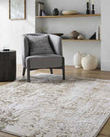 Living room scene with a beige and cream Junko Area Rug, gray chair, wood side table, and decorative shelves. Roomscene-Rectangle