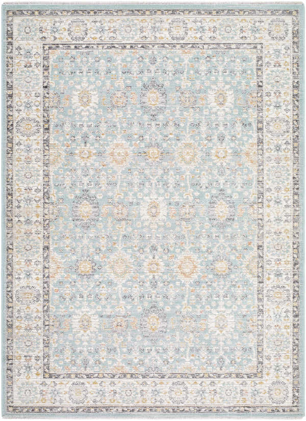 Adilet Blue Washable Area Rug: Farmhouse style rug with a traditional floral pattern in light blue, gold, and gray tones. Design-Rectangle-537