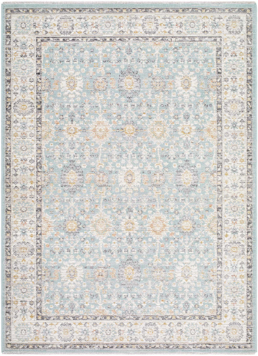 Adilet Blue Washable Area Rug: Farmhouse style rug with a traditional floral pattern in light blue, gold, and gray tones. Design-Rectangle-537