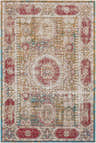 Close-up of Wrangell Mustard/Red Damask Carpet Area Rug. Bohemian style rug with red, mustard, and blue damask pattern. Design-Rectangle-576