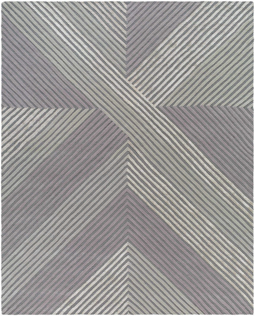 Close-up of the Juan Area Rug, a contemporary hand-tufted wool rug with a geometric stripe pattern in beige, gray, and taupe. Design-Rectangle-810